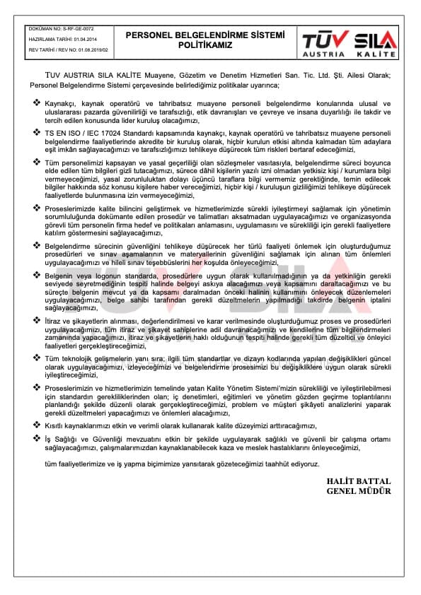 ISO 17024 Quality Policy (Personnel Certification)