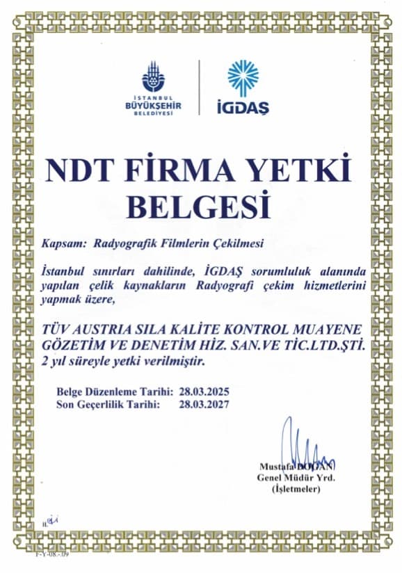 İGDAŞ NDT Company Authorisation Certificate