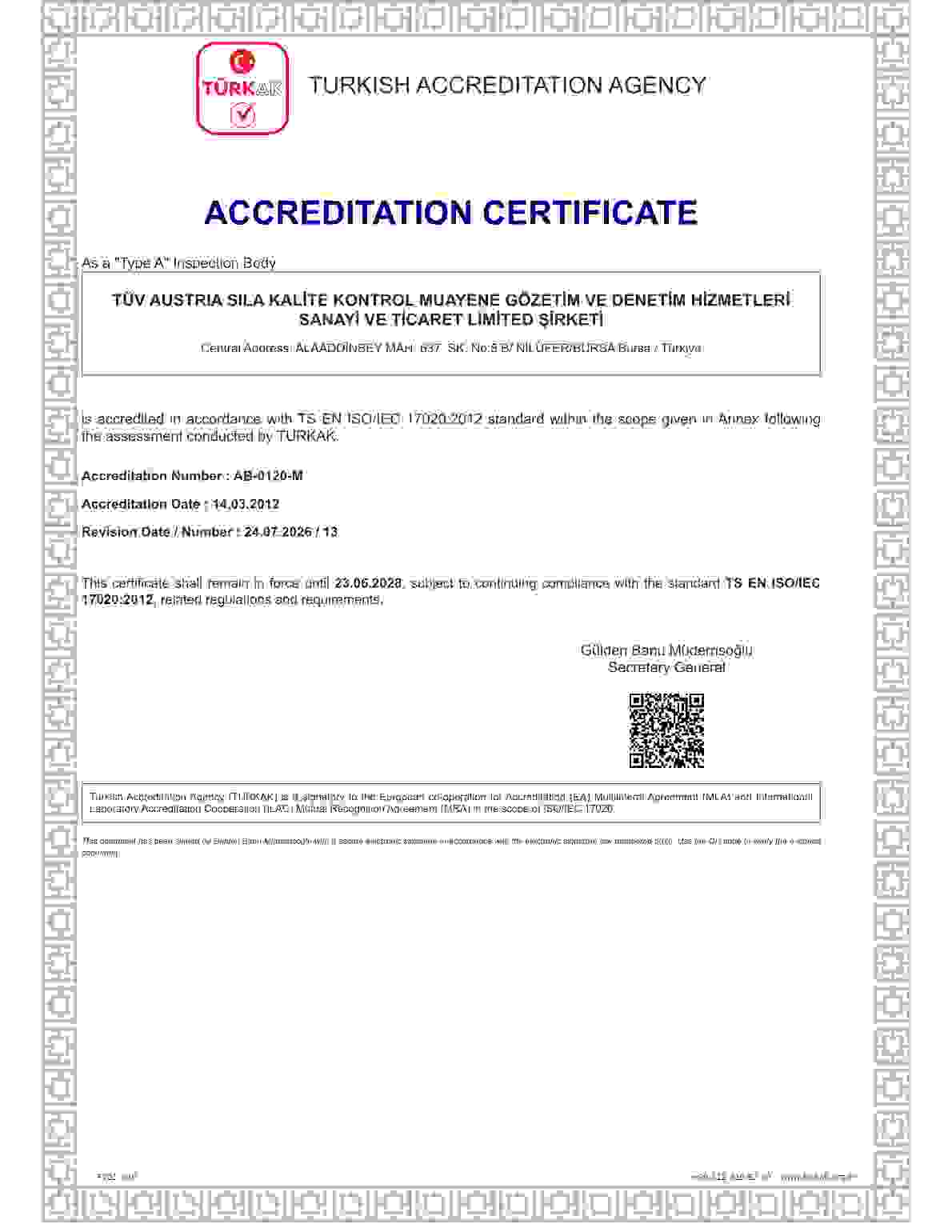 TS EN ISO/IEC 17020 Akreditasyon Sertifikası (İngilizce)