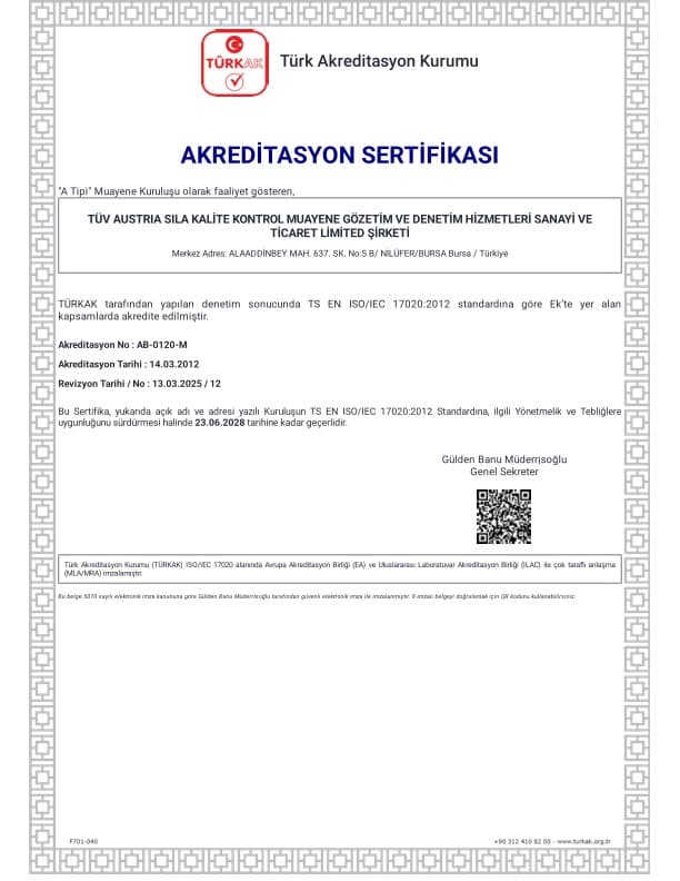 TS EN ISO/IEC 17020 Accreditation Certificate (TÜRKAK, Turkish)
