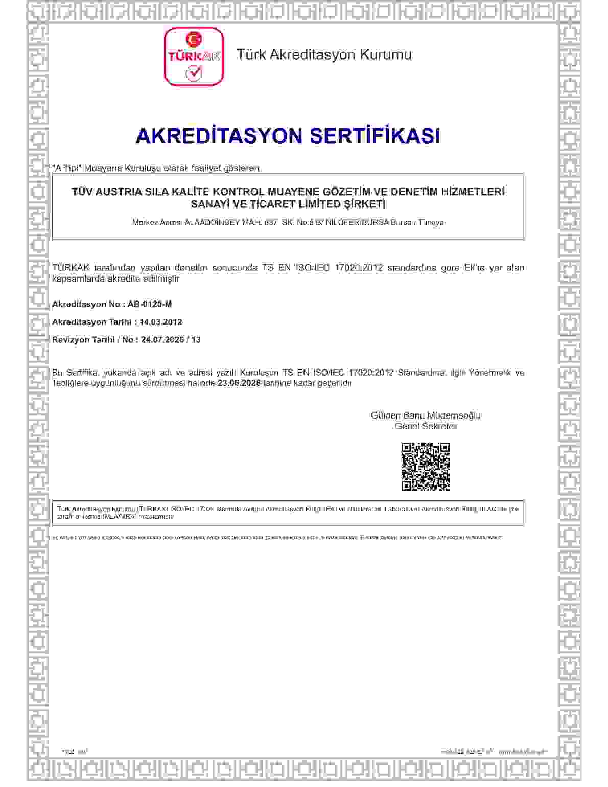 TS EN ISO/IEC 17020 Akreditasyon Sertifikası (TÜRKAK)
