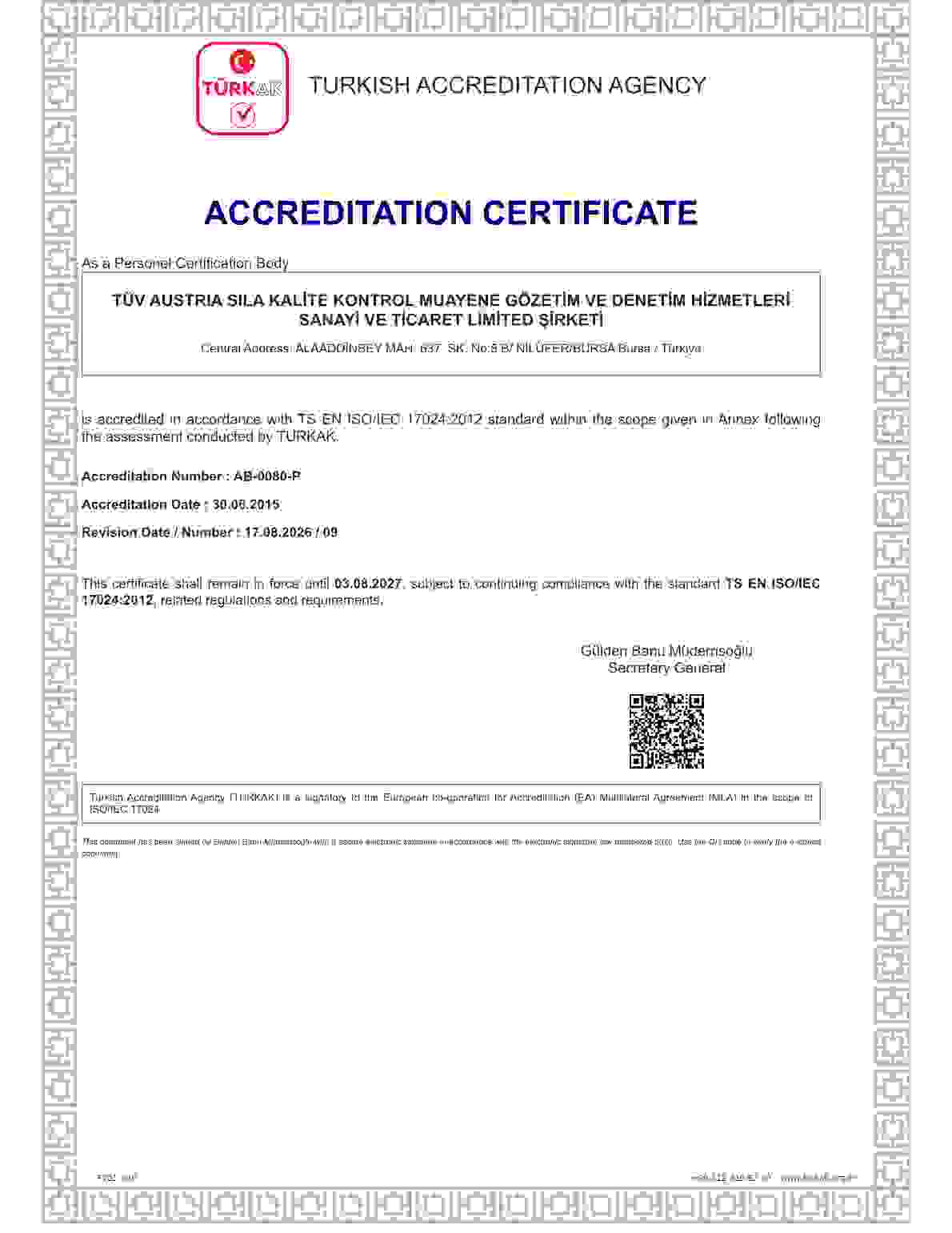 TS EN ISO/IEC 17024 Akreditasyon Belgesi (İngilizce)