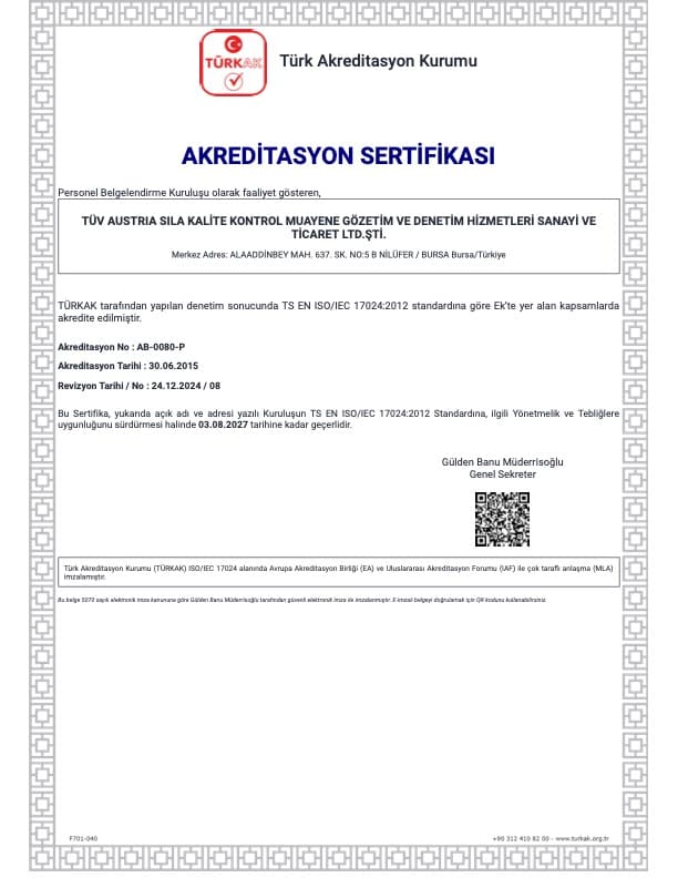 TS EN ISO/IEC 17024 Accreditation Certificate (TÜRKAK)