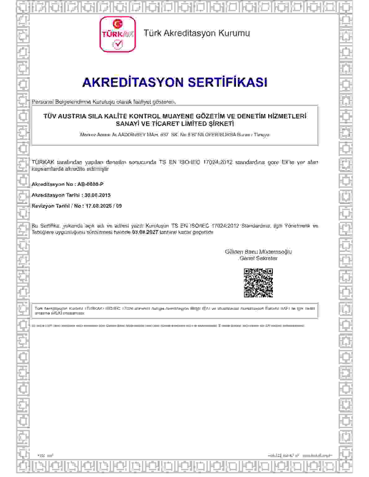 TS EN ISO/IEC 17024 Akreditasyon Belgesi (TÜRKAK)