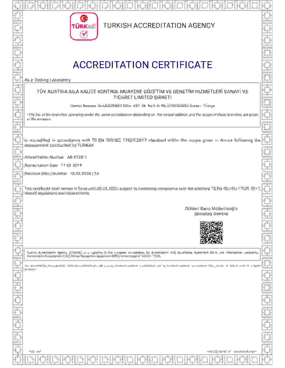 TS EN ISO/IEC 17025 Akreditasyon Sertifikası (İngilizce)