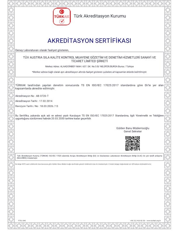 TS EN ISO/IEC 17025 Akreditasyon Sertifikası (TÜRKAK)