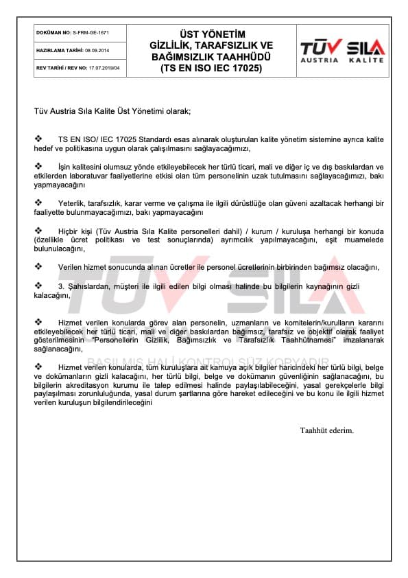 Top Management ISO 17025 Confidentiality, Impartiality & Independence Declaration